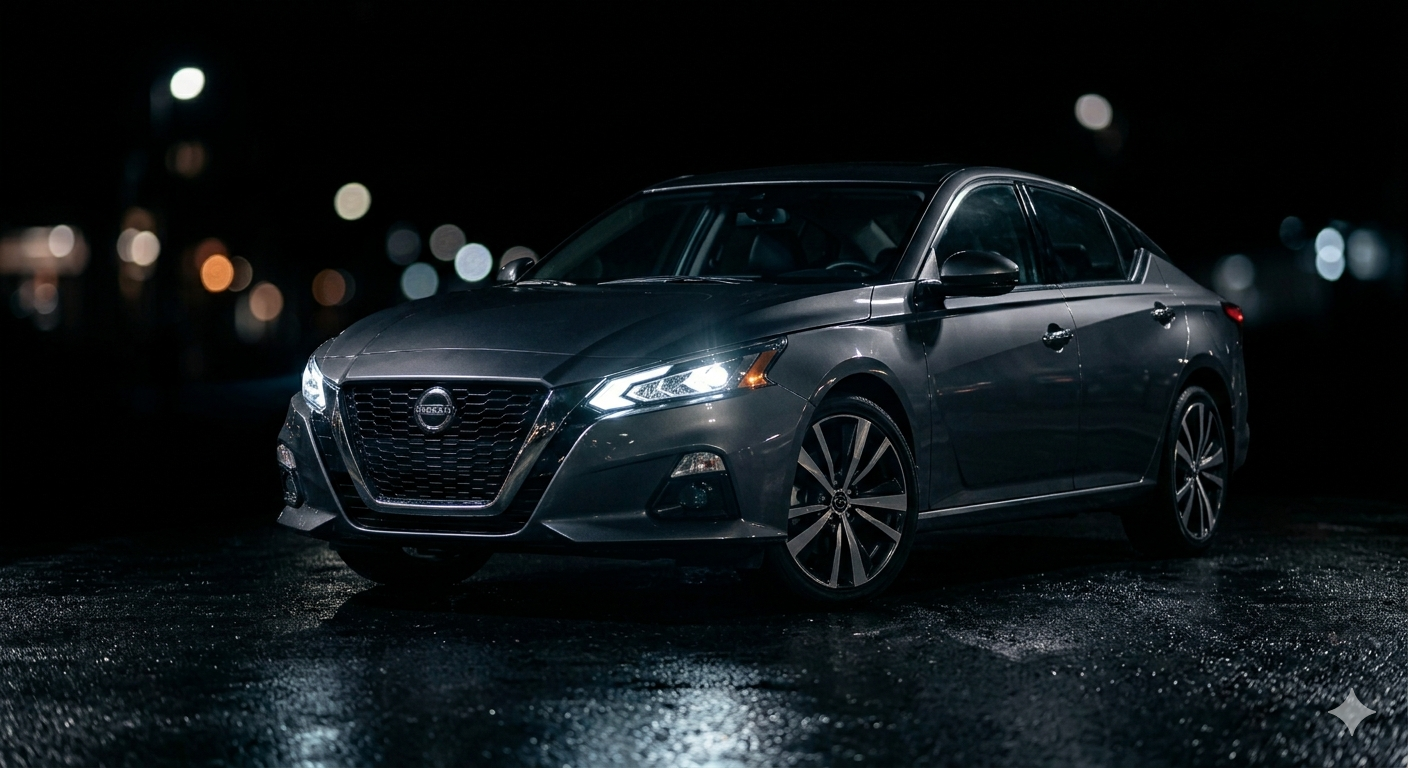 Dark sleek Nissan sedan at night